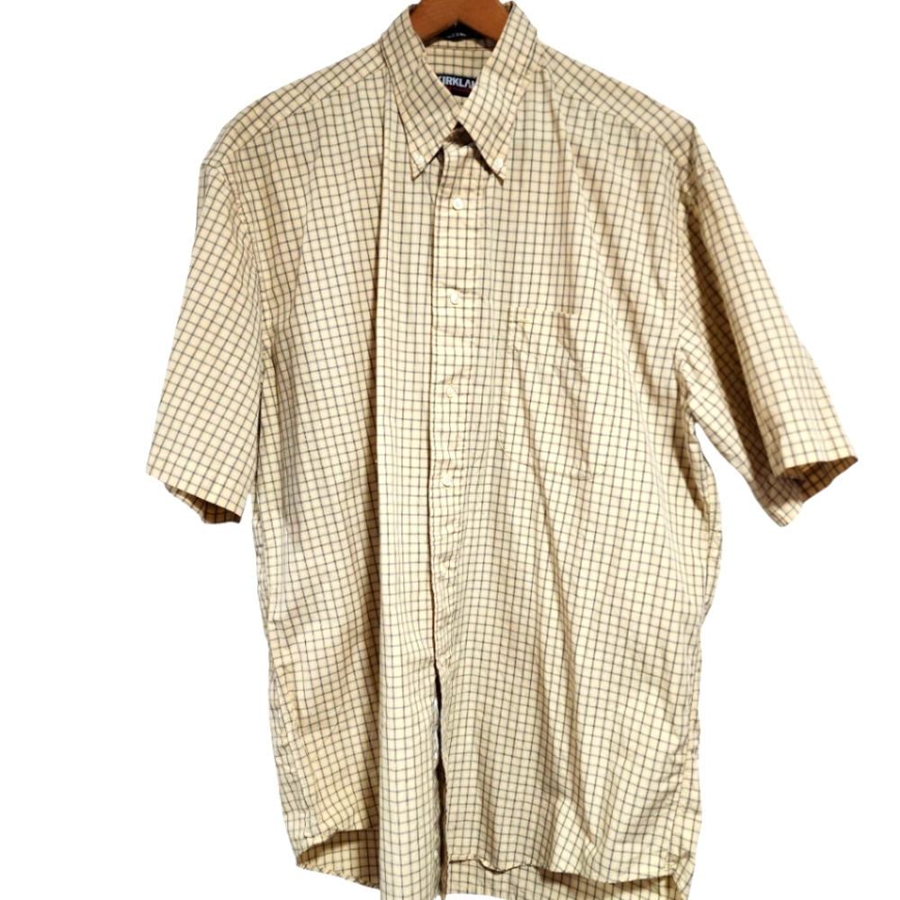 Kirkland Signature Yellow Plaid Button Down Short Sleeves Size XL